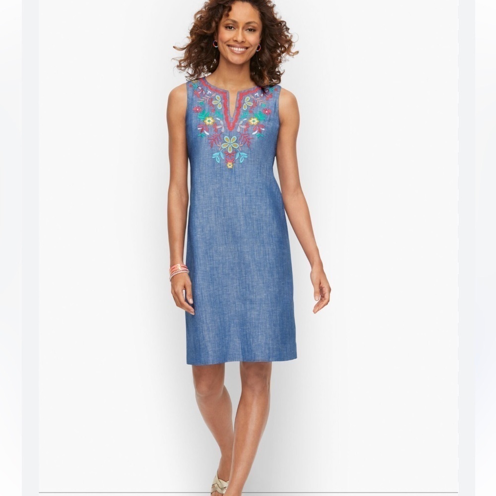 TALBOTS WOMEN’S EMBROIDERED LINEN SHIFT DRESS SIZE‎ 10 PETITE Cottagecore Preppy